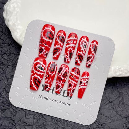 Red Hand-Painted Halloween Handmade Press-On Nails