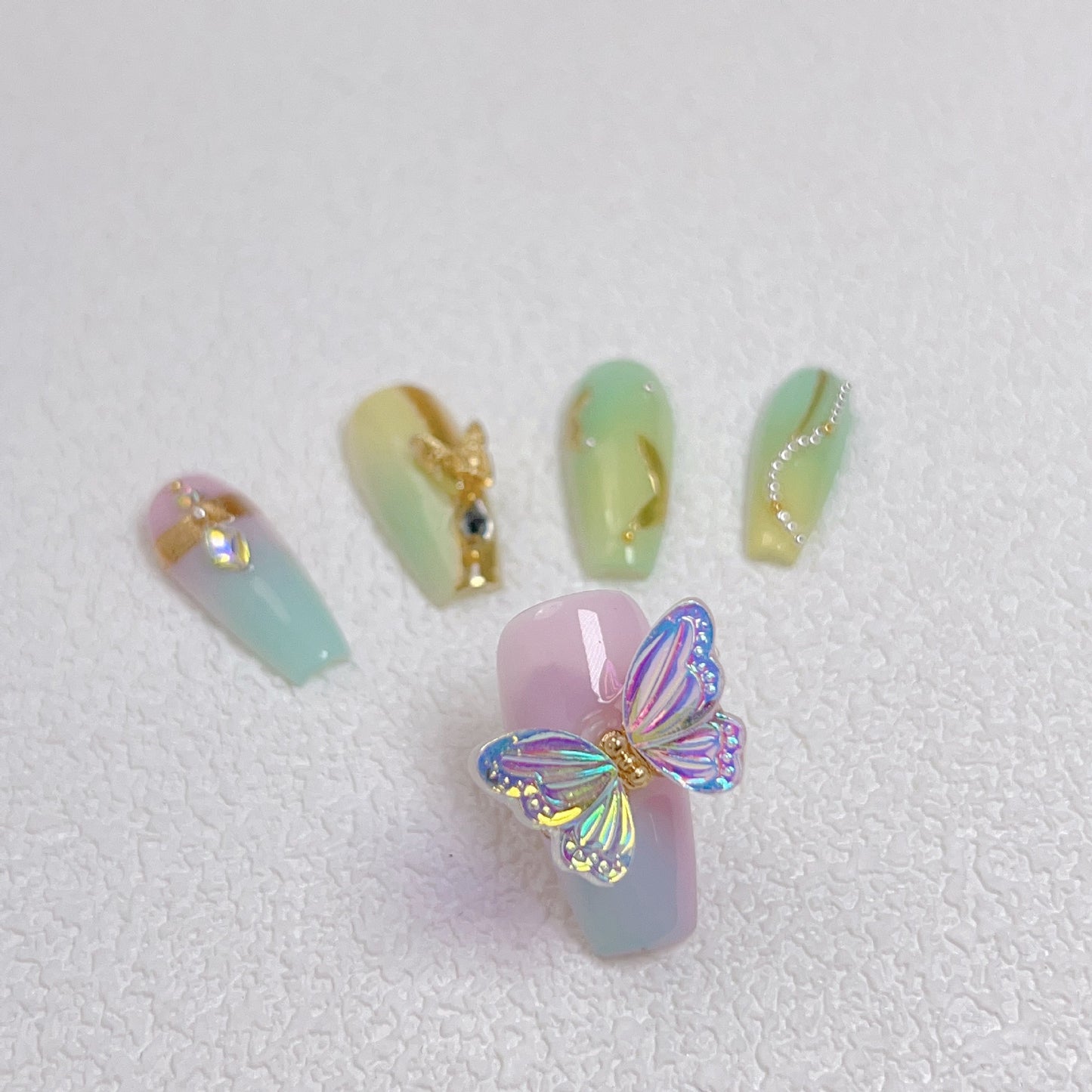 3D butterfly elegant Gradient Manicure in pinky blue greeny yellow