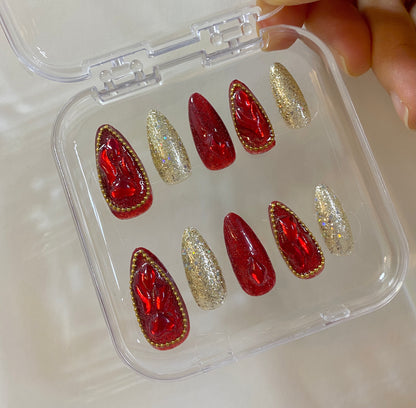 Sequins bling and shiny red stones nails suits wedding or celebration