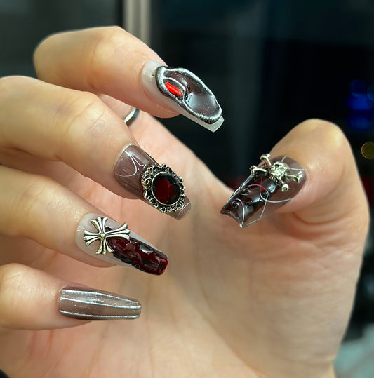 Cool girls Vampire nails punk goth black blood stones skulls and cross