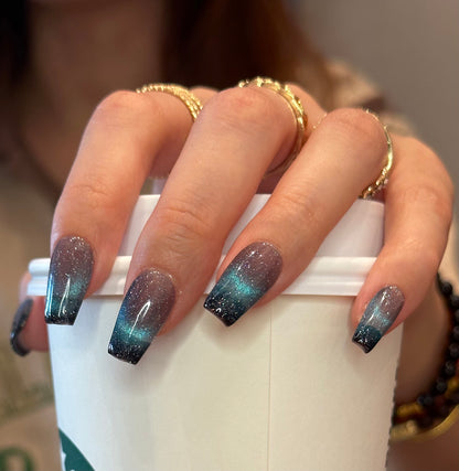 Cat eye Starry night blue-green nails daily casual wear