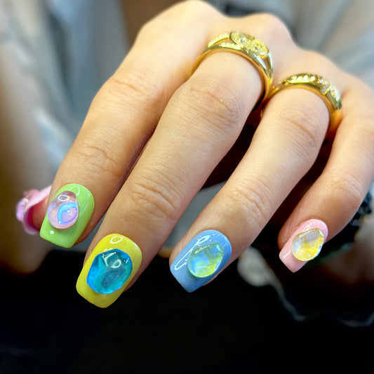 Dopamine mixed macaron colors nails in colorful fake crystal stones