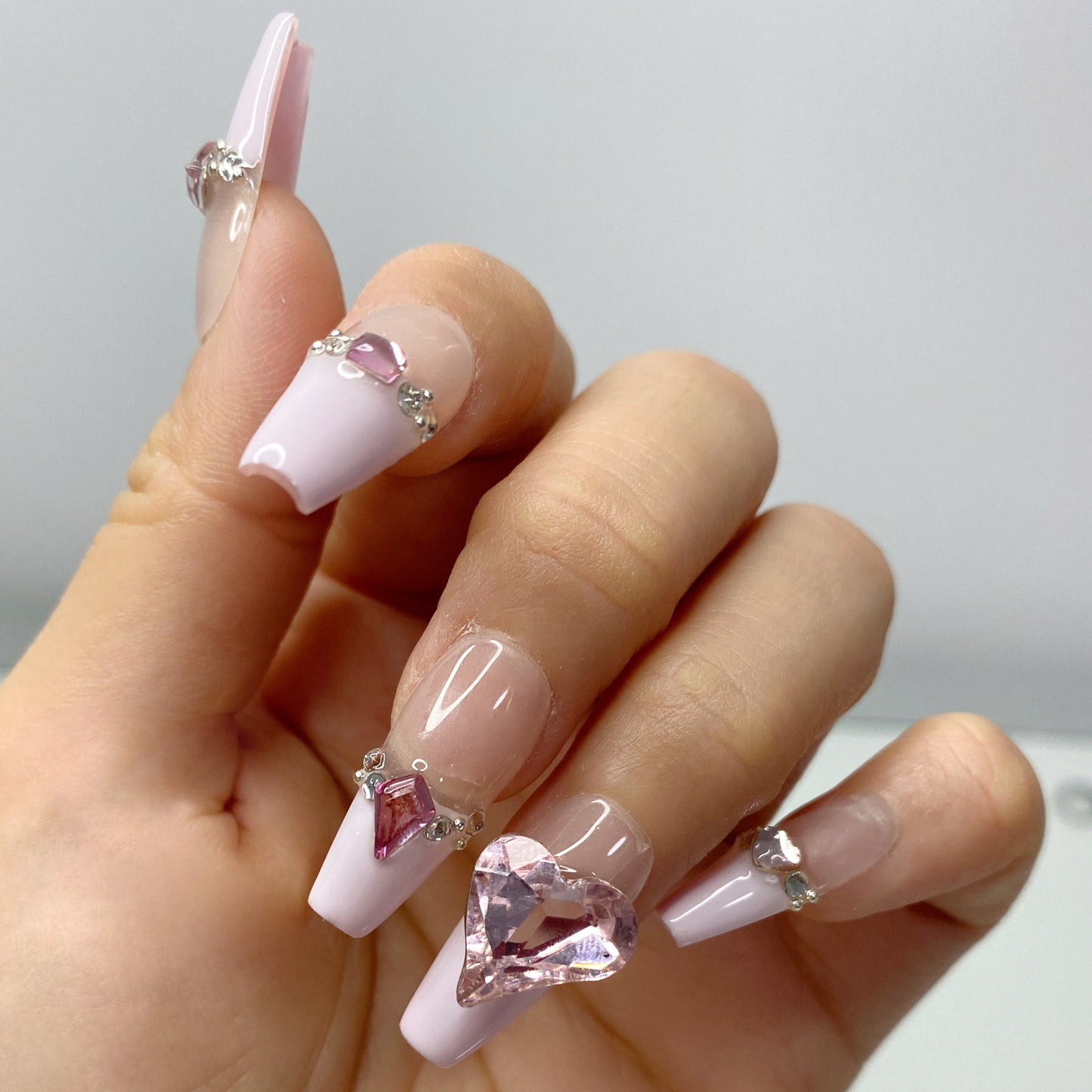 Princess Pink French tip Heart with diamond bling nails