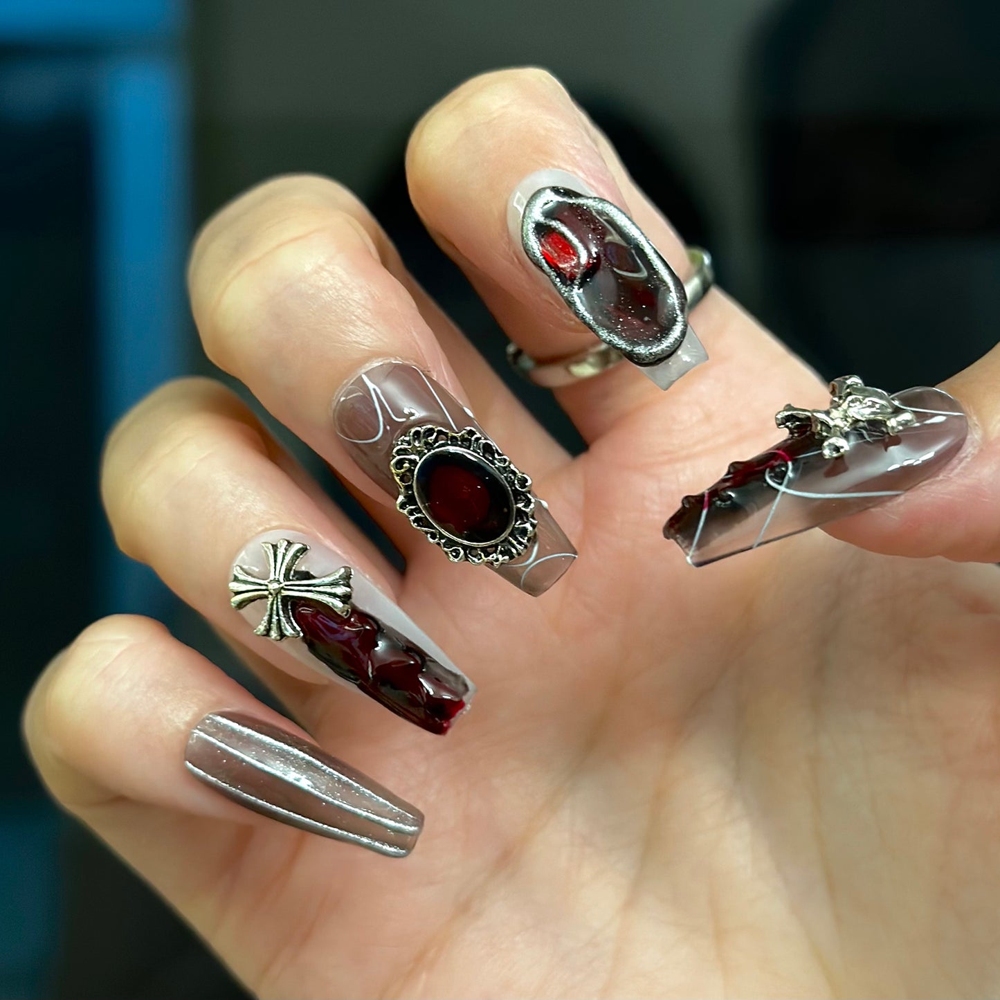 Cool girls Vampire nails punk goth black blood stones skulls and cross