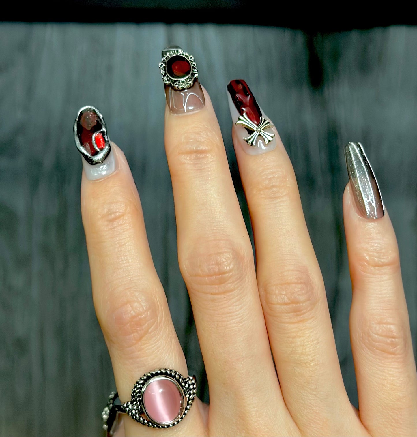 Cool girls Vampire nails punk goth black blood stones skulls and cross