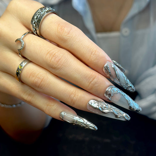 silvery white simple long stiletto  daily nails luxry and elegant