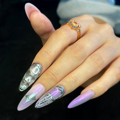 Punk goth purple pink hand-painted pearl and foiling manicure