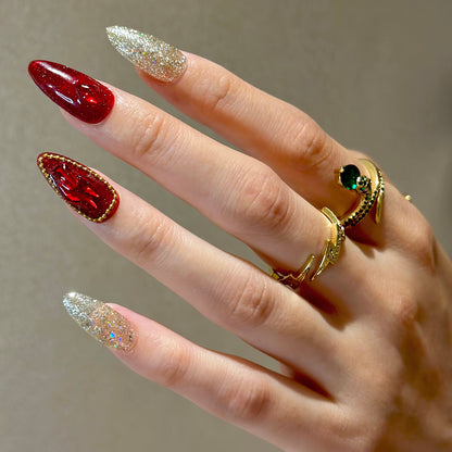 Sequins bling and shiny red stones nails suits wedding or celebration