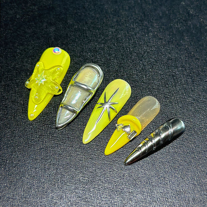 3D Metallic Jelly Yellow Almond Press-On Nails