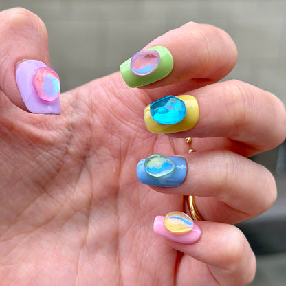 Dopamine mixed macaron colors nails in colorful fake crystal stones