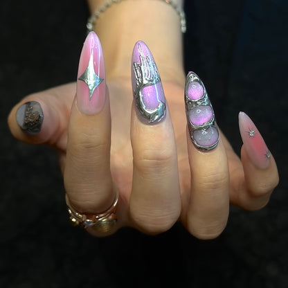 Punk goth purple pink hand-painted pearl and foiling manicure