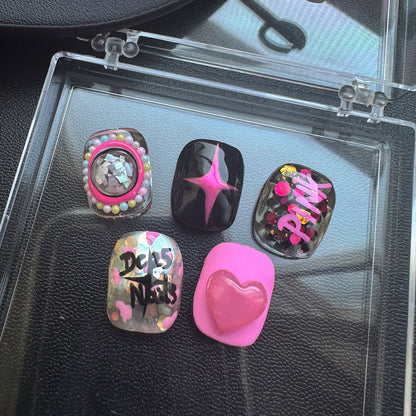 Barbie Pink Square Hand-Painted Press-On Nails