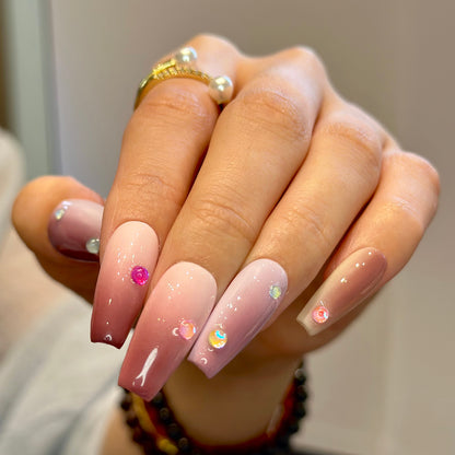 Gradient grape red nails with shiny colorful stones