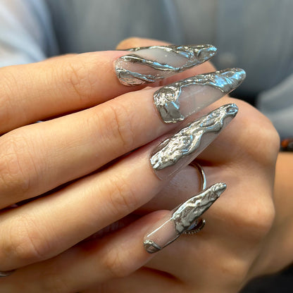 silvery white simple long stiletto  daily nails luxry and elegant