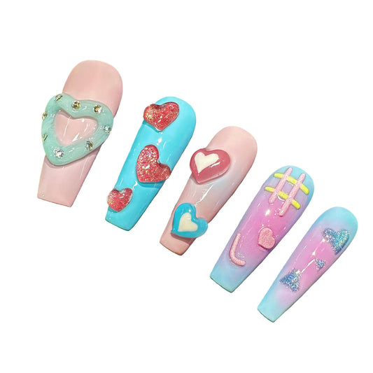 Heart Extra Long Colorful Ballerina Press-On Nails