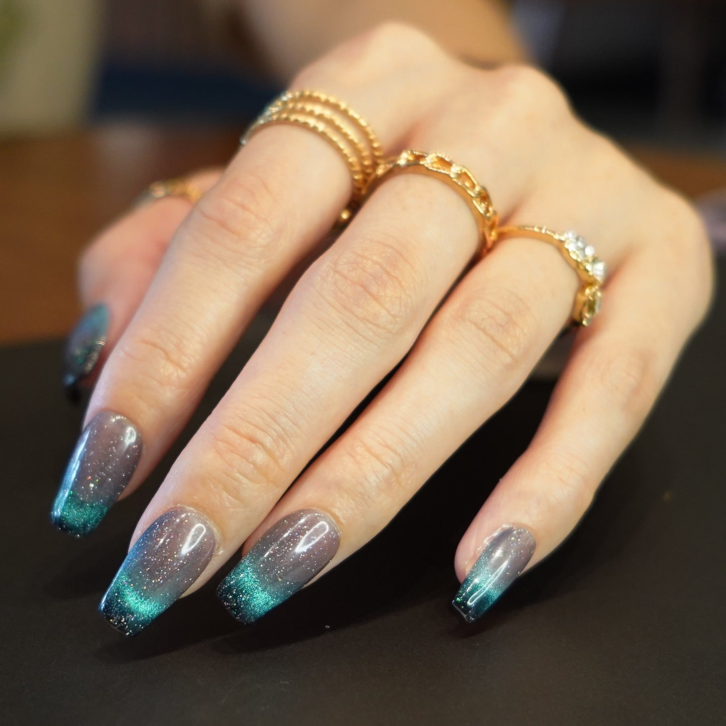 Cat eye Starry night blue-green nails daily casual wear