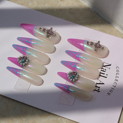 Fake diamond cross and hearts French tip pink blue texture hand-painted nails