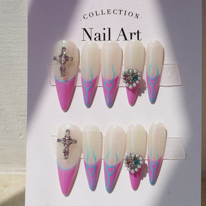 Fake diamond cross and hearts French tip pink blue texture hand-painted nails