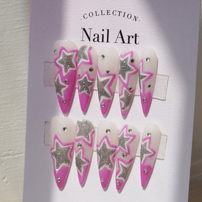 Shining stars in girls'pink hand-painted texture cute and lovely girls nail art