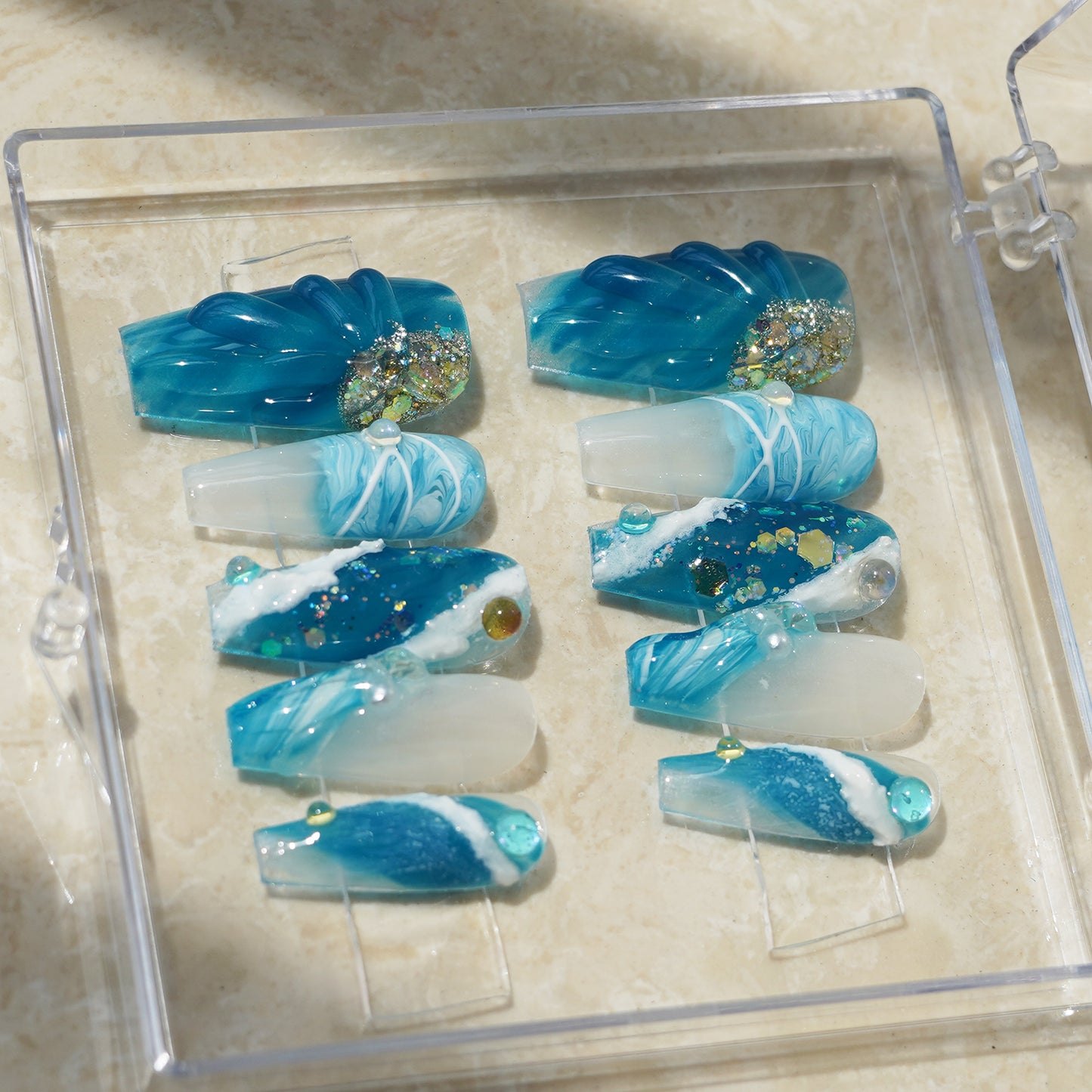 Ocean theme nail arts ombre beach and sea waves crystal bubles decoration