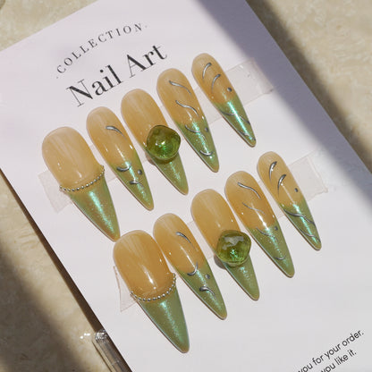 Marble green balls and floating leaves French tip nails