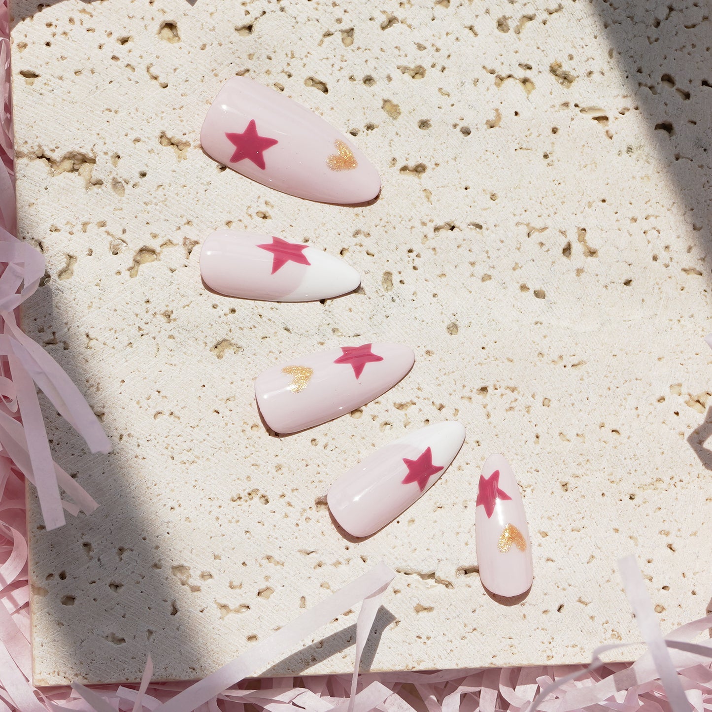 Pink stars and hearts preppy cute hand-painted nail art