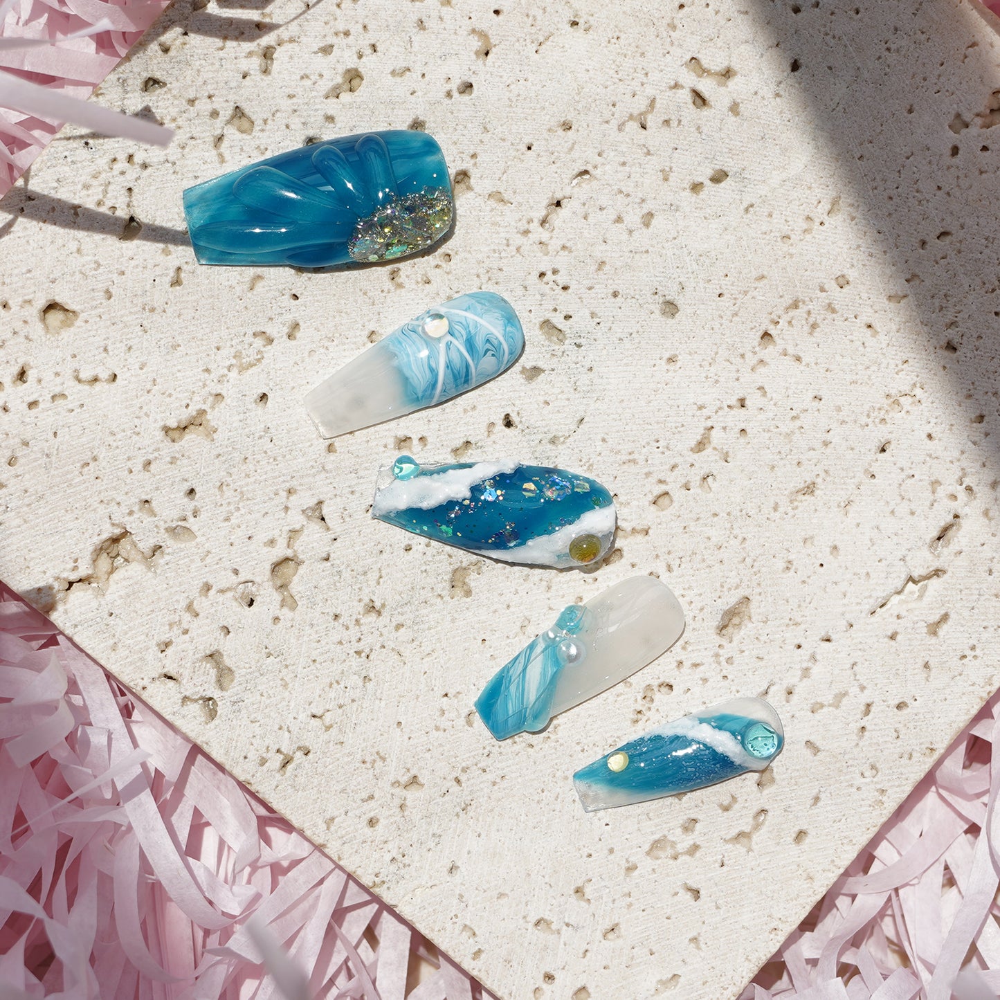 Ocean theme nail arts ombre beach and sea waves crystal bubles decoration