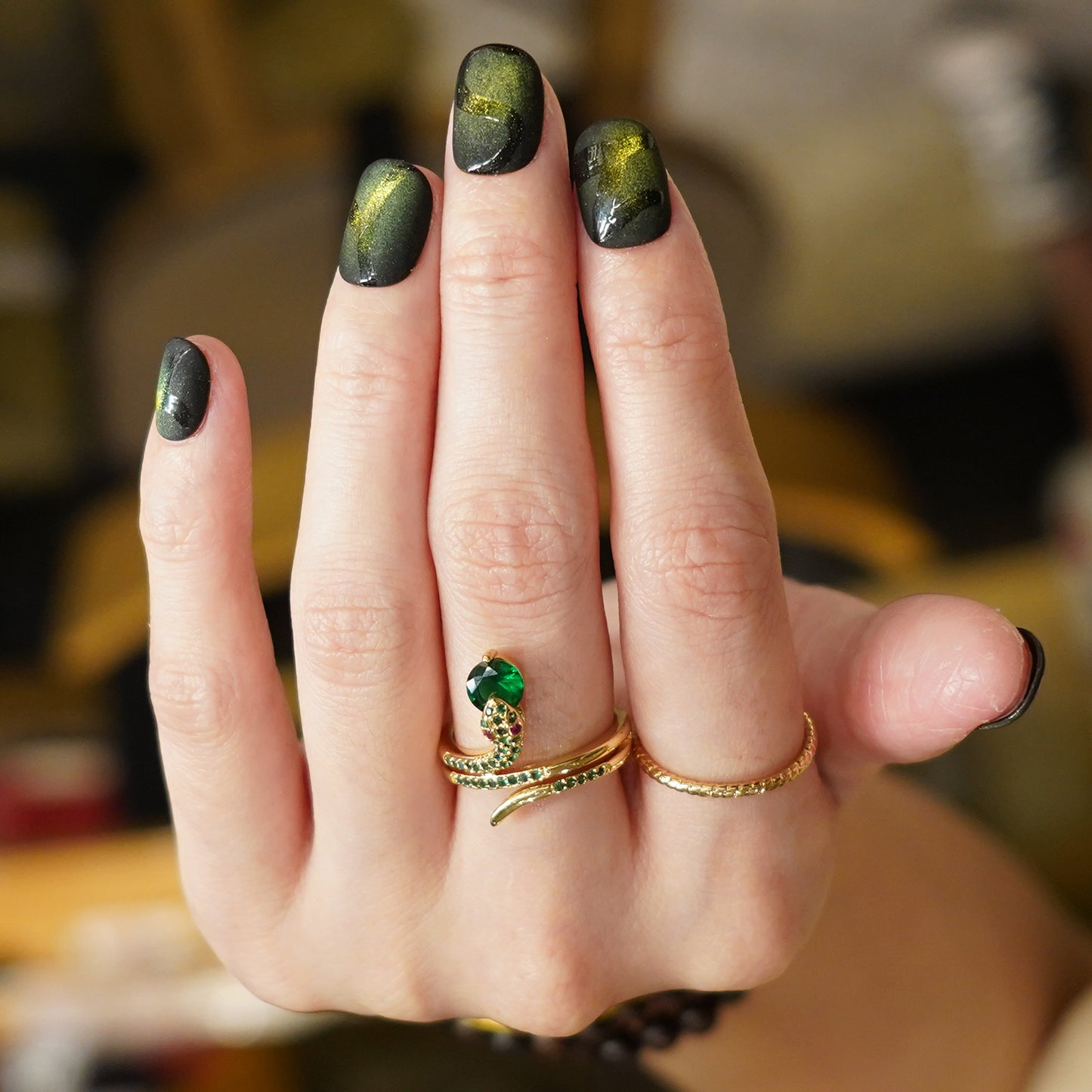 Black green foil yellow hand-painted nail art daily simple wear