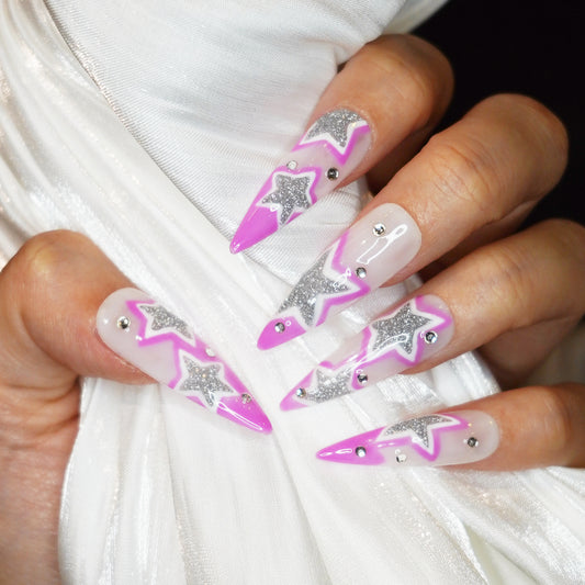 Shining stars in girls'pink hand-painted texture cute and lovely girls nail art