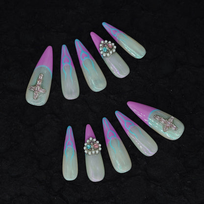 Fake diamond cross and hearts French tip pink blue texture hand-painted nails