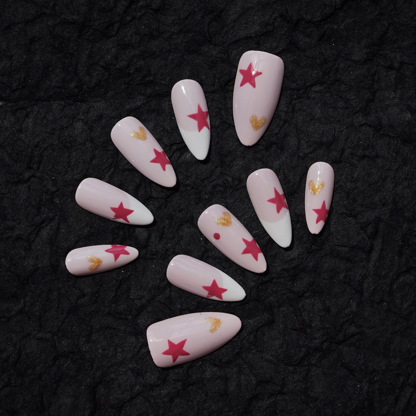 Pink stars and hearts preppy cute hand-painted nail art