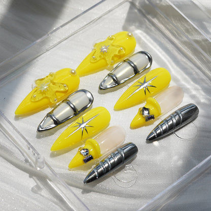 3D Metallic Jelly Yellow Almond Press-On Nails