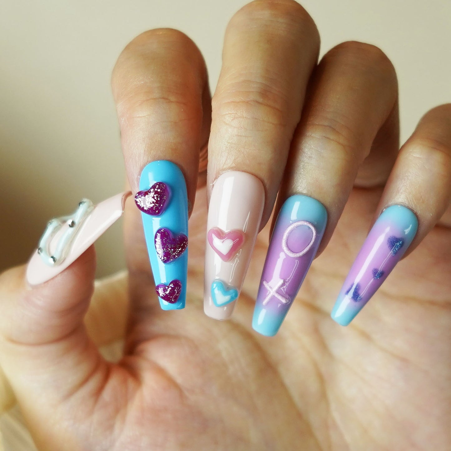 Heart Extra Long Colorful Ballerina Press-On Nails