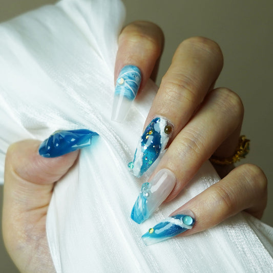 Ocean theme nail arts ombre beach and sea waves crystal bubles decoration