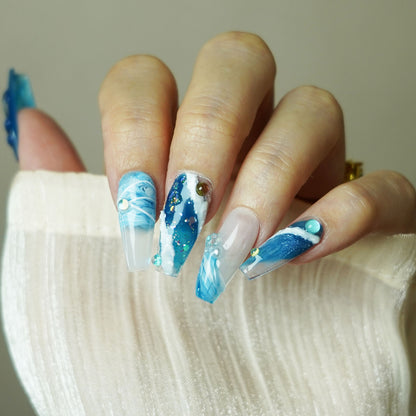 Ocean theme nail arts ombre beach and sea waves crystal bubles decoration