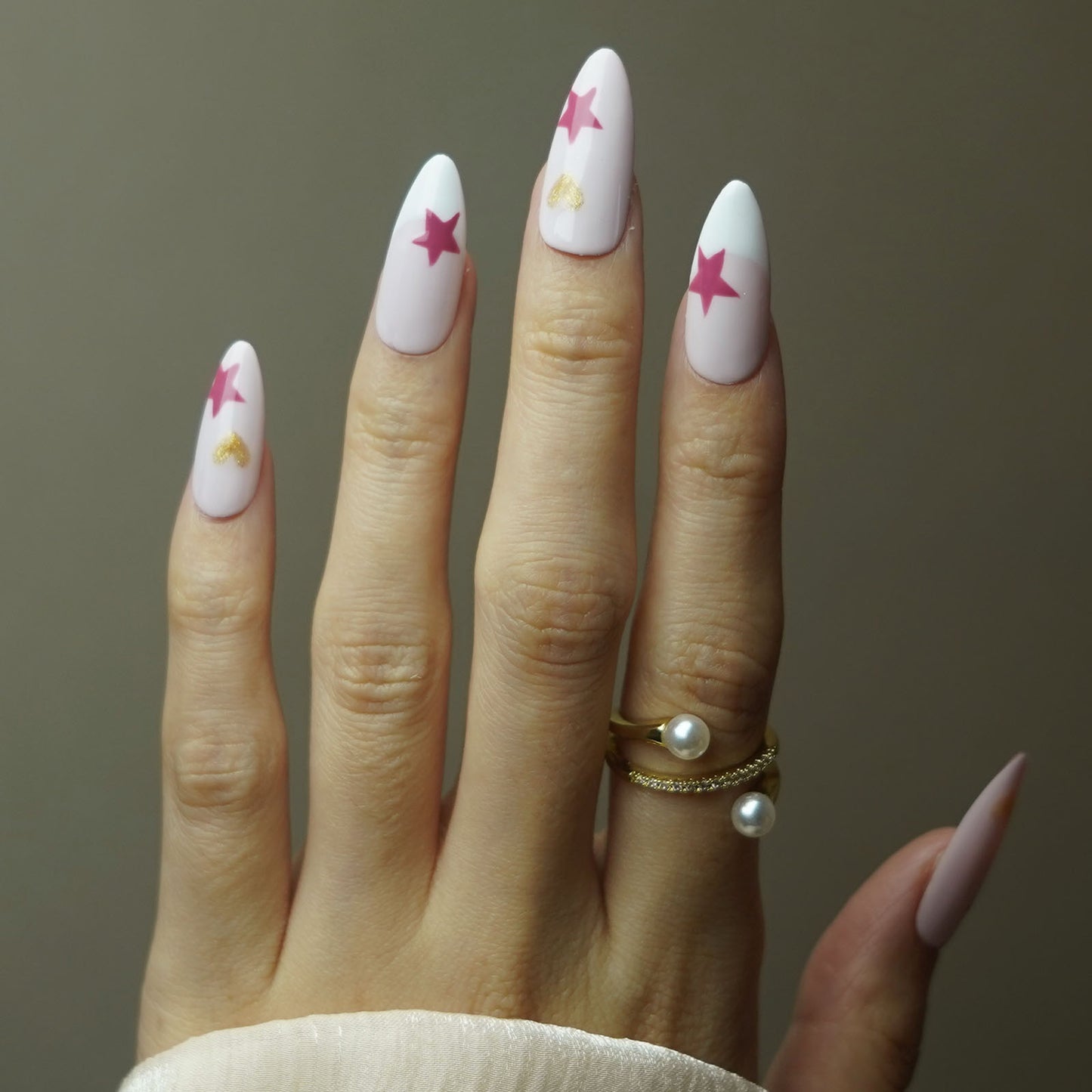 Pink stars and hearts preppy cute hand-painted nail art