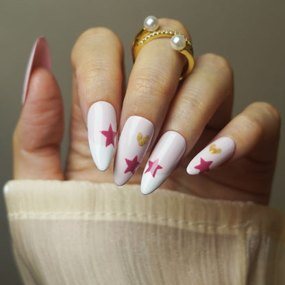 Pink stars and hearts preppy cute hand-painted nail art