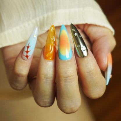 Colorful Hand-Painted Stiletto Press-On Nails