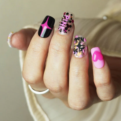 Barbie Pink Square Hand-Painted Press-On Nails