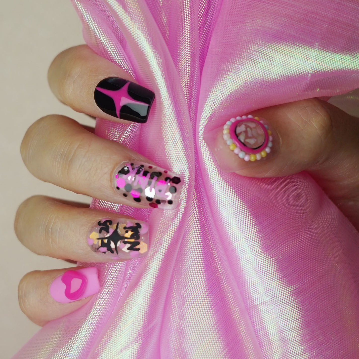 Barbie Pink Square Hand-Painted Press-On Nails