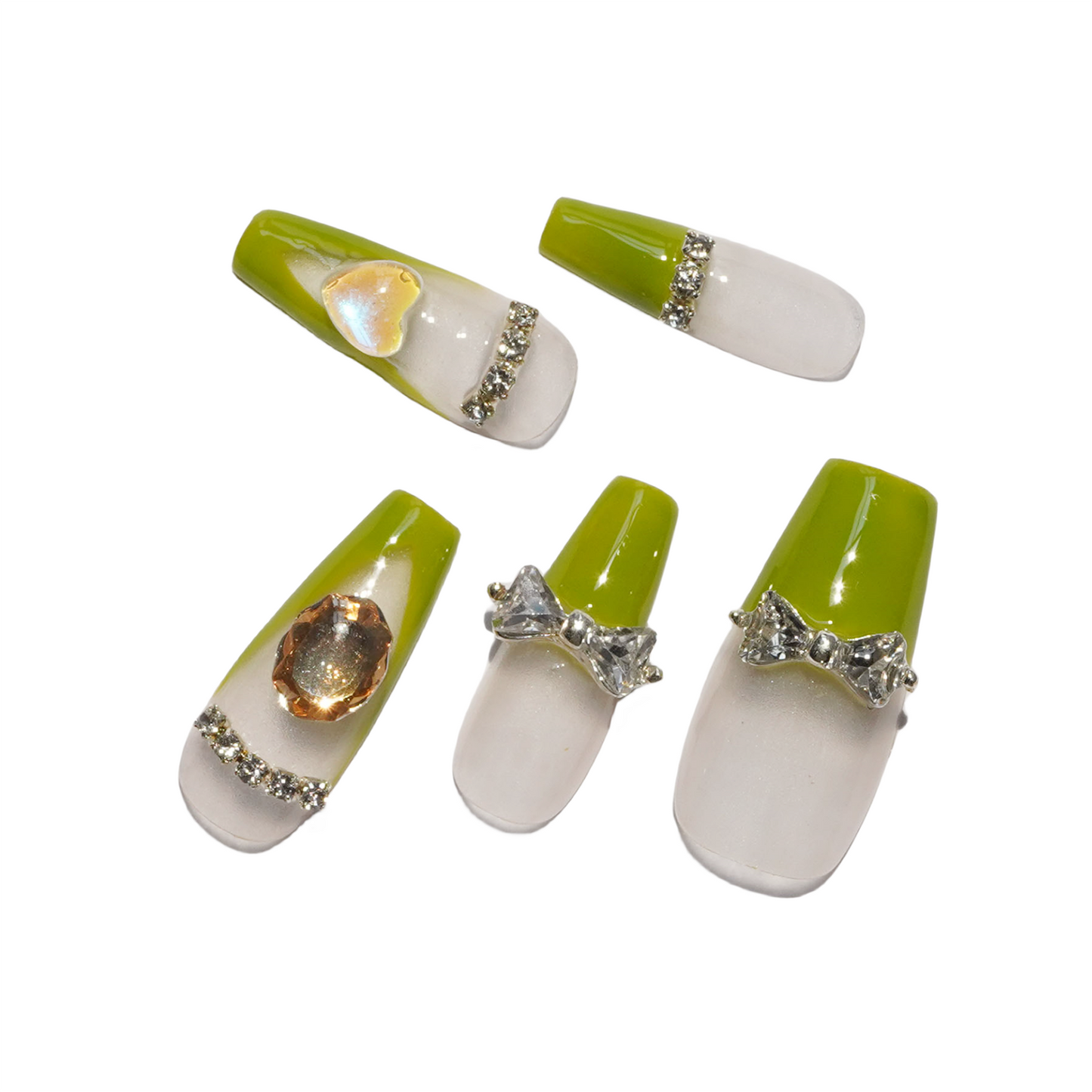 French-tip Light Green Crystal Bow Handmade Press-On Nails