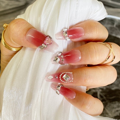 Red Gradient manicure in bling rhinestone and fake diamond