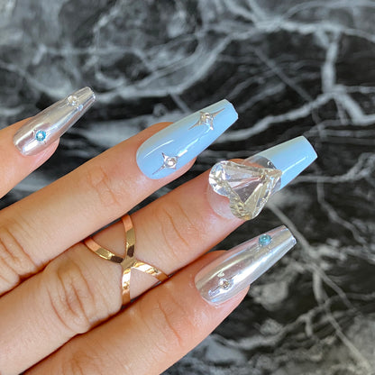 Macaron blue silvery bling bling Diamond pattern nail art