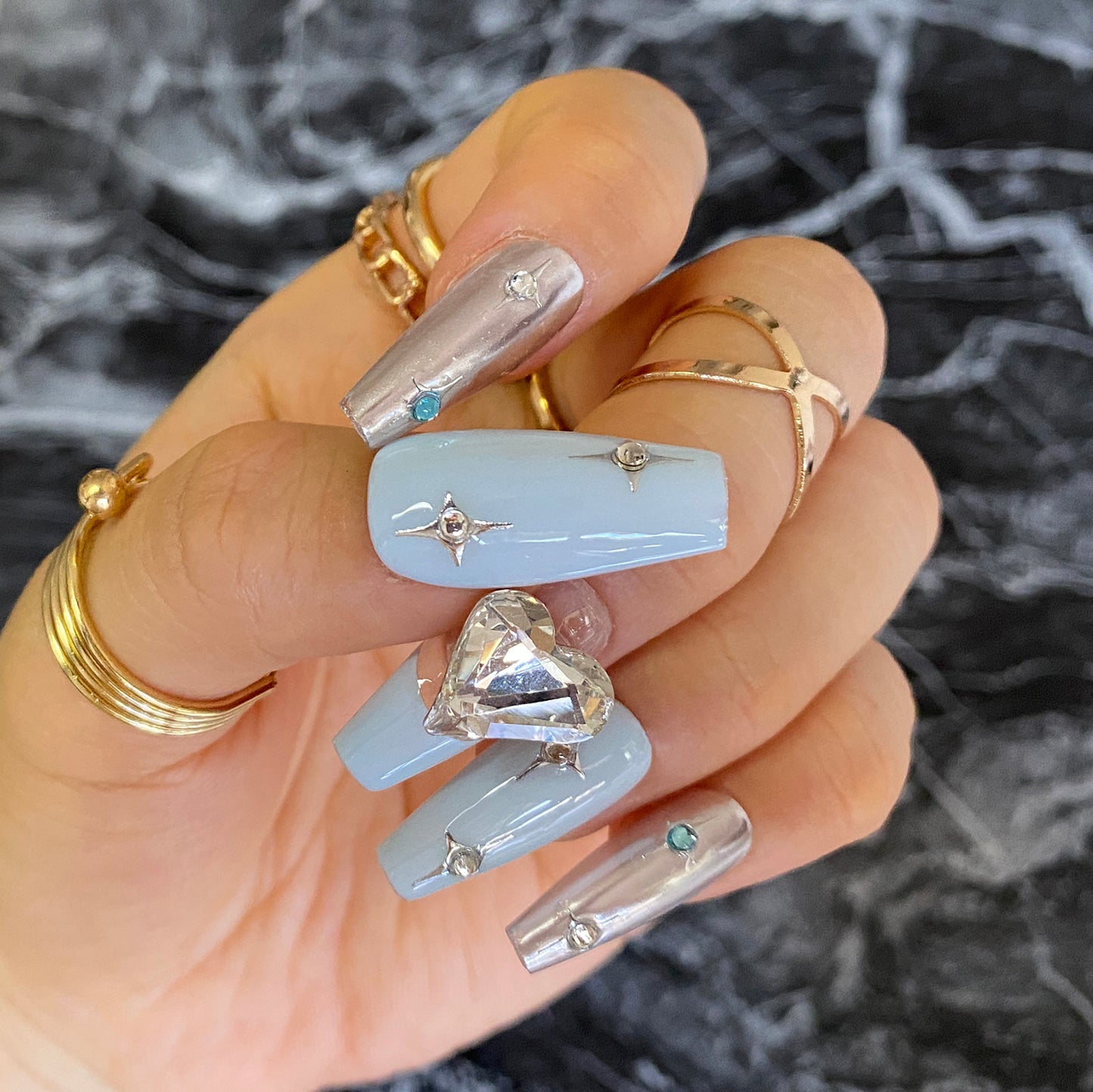 Macaron blue silvery bling bling Diamond pattern nail art