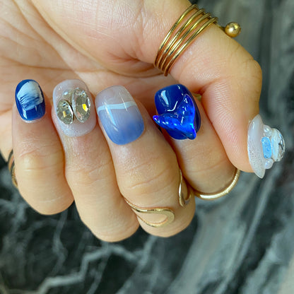 3D Mermaid tail hand-painted Oceanic blue nail art