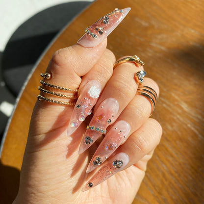 Faux Ongles Long Stiletto Réutilisables Fleur Rose avec Strass