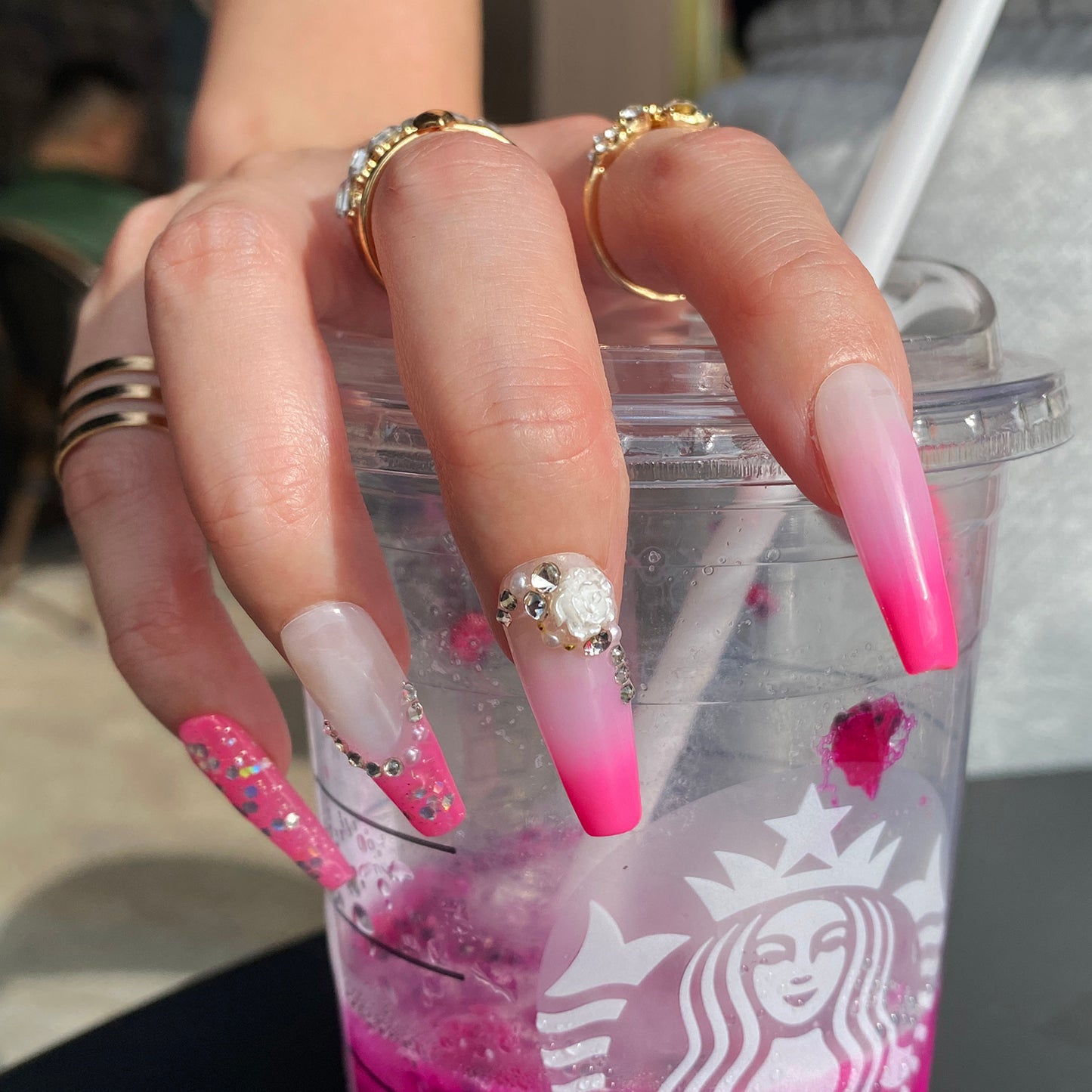 Hot pink Summer bling shiny sequins nails