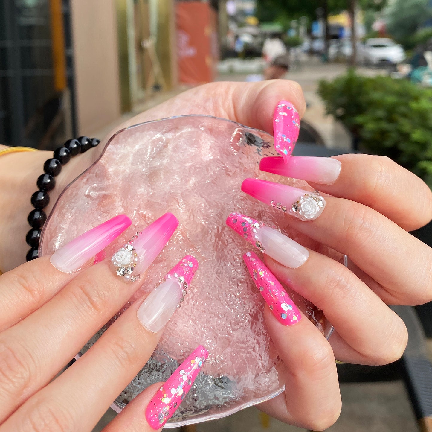 Hot pink Summer bling shiny sequins nails