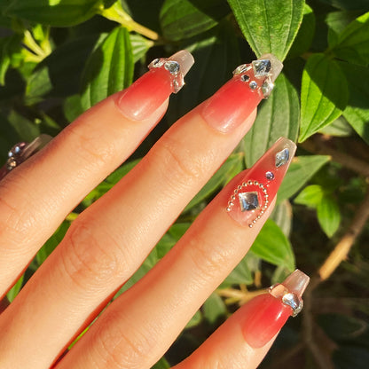 Red Gradient manicure in bling rhinestone and fake diamond