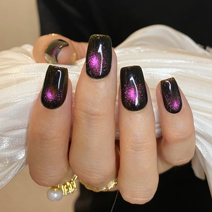 Cat eye fireworks in dark black purple-pink shiny nails